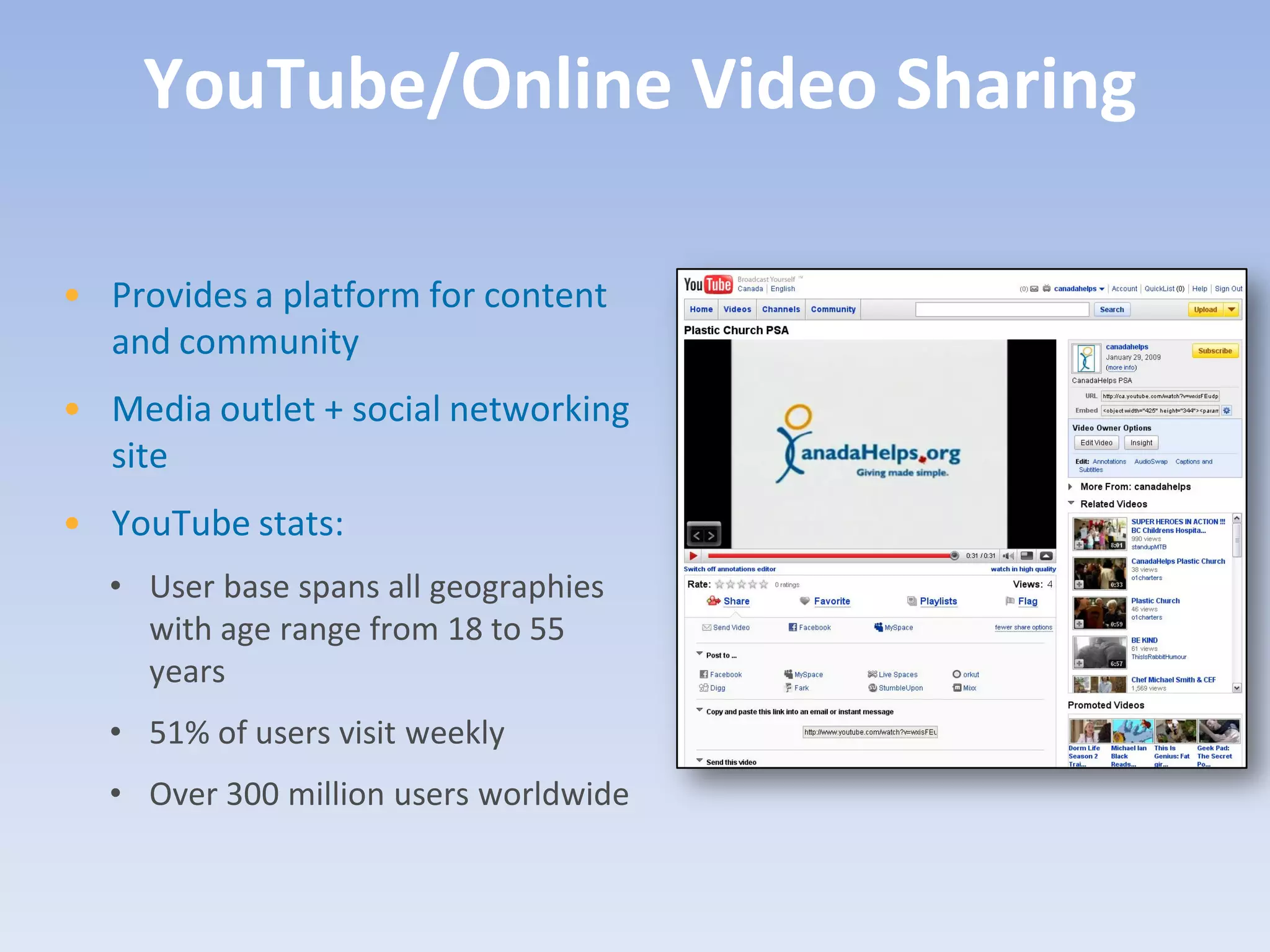 YouTube/Online Video Sharing

• Provides a platform for content
  and community
• Media outlet + social networking
  site
• YouTube stats:
  • User base spans all geographies
    with age range from 18 to 55
    years
  • 51% of users visit weekly
  • Over 300 million users worldwide
 