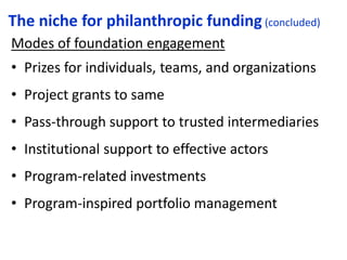 The niche for philanthropic funding (concluded)
Modes of foundation engagement
• Prizes for individuals, teams, and organizations
• Project grants to same
• Pass-through support to trusted intermediaries
• Institutional support to effective actors
• Program-related investments
• Program-inspired portfolio management
 