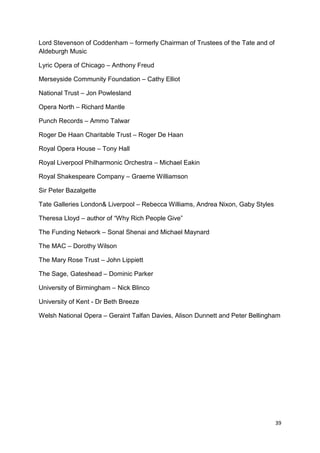 Lord Stevenson of Coddenham – formerly Chairman of Trustees of the Tate and of
Aldeburgh Music

Lyric Opera of Chicago – Anthony Freud

Merseyside Community Foundation – Cathy Elliot

National Trust – Jon Powlesland

Opera North – Richard Mantle

Punch Records – Ammo Talwar

Roger De Haan Charitable Trust – Roger De Haan

Royal Opera House – Tony Hall

Royal Liverpool Philharmonic Orchestra – Michael Eakin

Royal Shakespeare Company – Graeme Williamson

Sir Peter Bazalgette

Tate Galleries London& Liverpool – Rebecca Williams, Andrea Nixon, Gaby Styles

Theresa Lloyd – author of “Why Rich People Give”

The Funding Network – Sonal Shenai and Michael Maynard

The MAC – Dorothy Wilson

The Mary Rose Trust – John Lippiett

The Sage, Gateshead – Dominic Parker

University of Birmingham – Nick Blinco

University of Kent - Dr Beth Breeze

Welsh National Opera – Geraint Talfan Davies, Alison Dunnett and Peter Bellingham




                                                                                 39
 