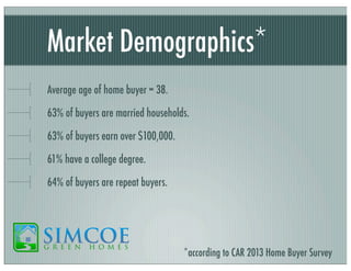 Market Demographics*
Average age of home buyer = 38.
63% of buyers are married households.
63% of buyers earn over $100,000.
61% have a college degree.
64% of buyers are repeat buyers.

*according to CAR 2013 Home Buyer Survey

 