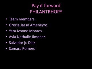 Pay it forwardPHILANTRHOPY Team members: GreciaJassoAmeneyro YaraIvonneMoraes Ayla Nathalie Jimenez Salvador jr. Diaz Samara Romero  