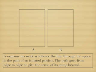 A                  B
A explains his work as follows: the line through the space
is the path of an isolated particle. The path goes from
edge to edge, to give the sense of its going beyond.
 