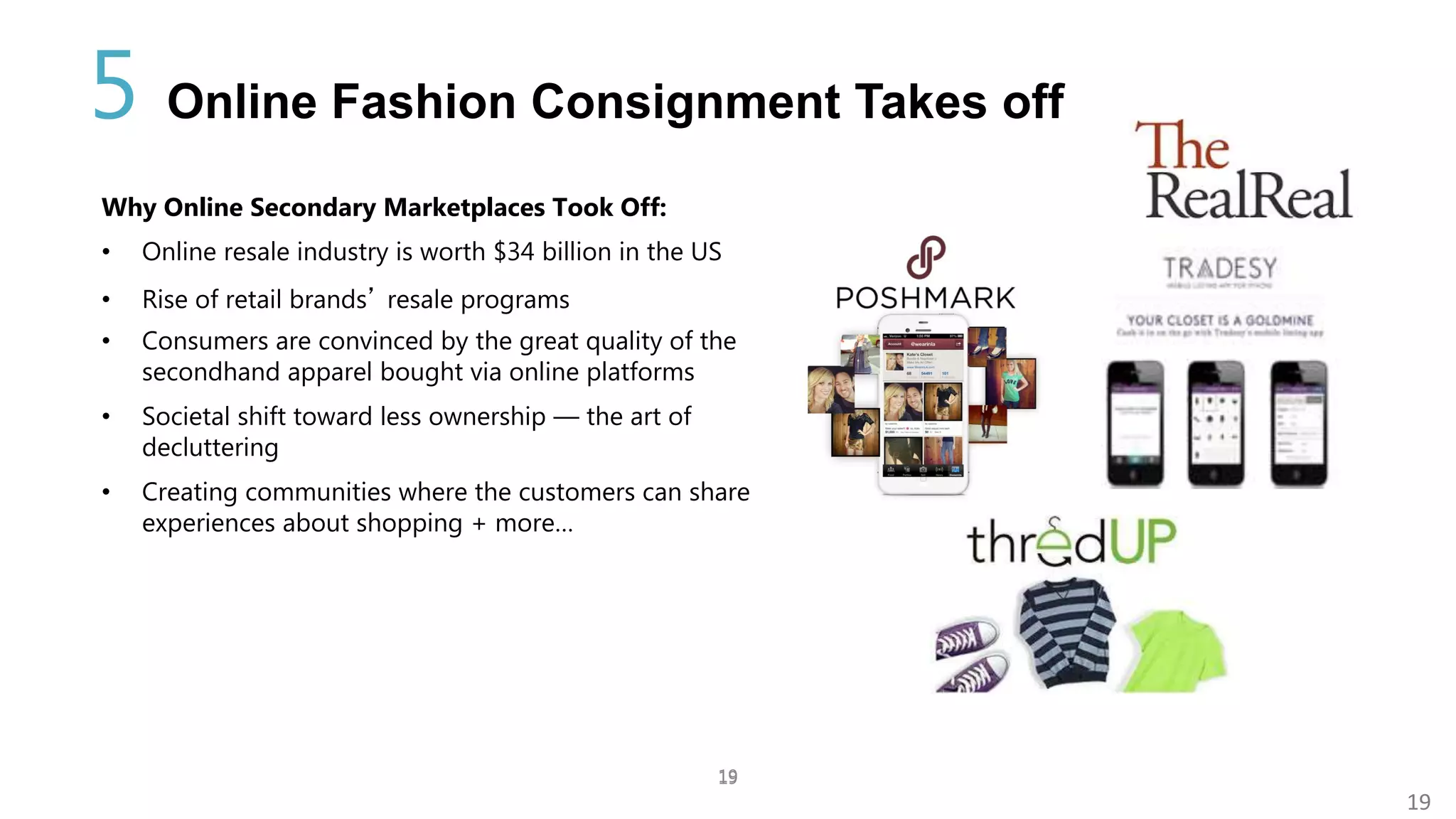 19
19
Why Online Secondary Marketplaces Took Off:
• Online resale industry is worth $34 billion in the US
• Rise of retail brands’ resale programs
• Consumers are convinced by the great quality of the
secondhand apparel bought via online platforms
• Societal shift toward less ownership — the art of
decluttering
• Creating communities where the customers can share
experiences about shopping + more…
5 Online Fashion Consignment Takes off
19
 