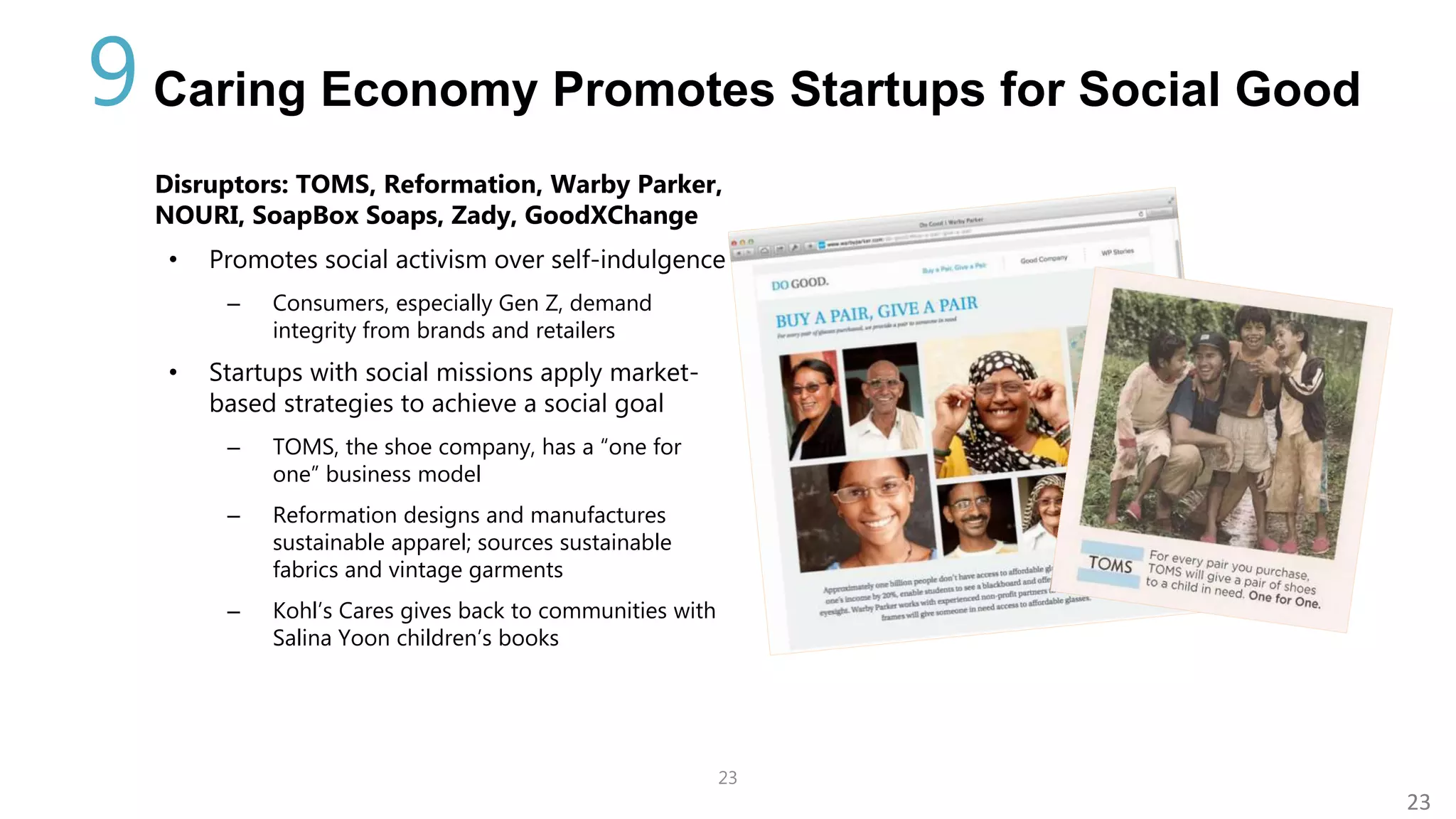 23
23
Caring Economy Promotes Startups for Social Good
Disruptors: TOMS, Reformation, Warby Parker,
NOURI, SoapBox Soaps, Zady, GoodXChange
• Promotes social activism over self-indulgence
– Consumers, especially Gen Z, demand
integrity from brands and retailers
• Startups with social missions apply market-
based strategies to achieve a social goal
– TOMS, the shoe company, has a “one for
one” business model
– Reformation designs and manufactures
sustainable apparel; sources sustainable
fabrics and vintage garments
– Kohl’s Cares gives back to communities with
Salina Yoon children’s books
9
 
