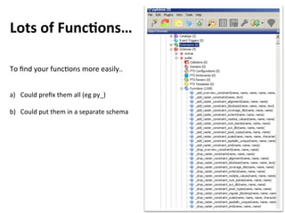 Lots	
  of	
  FuncGons…	
  
To	
  ﬁnd	
  your	
  func6ons	
  more	
  easily..	
  
	
  
	
  
a)  Could	
  preﬁx	
  them	
  all	
  (eg	
  py_)	
  
b)  Could	
  put	
  them	
  in	
  a	
  separate	
  schema	
  
 