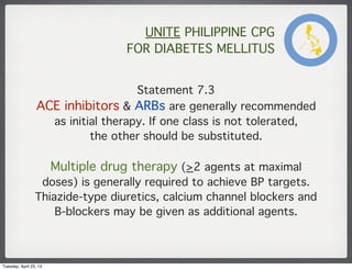 UNITE PHILIPPINE CPG
FOR DIABETES MELLITUS
Statement 7.3
ACE inhibitors & ARBs are generally recommended
as initial therap...