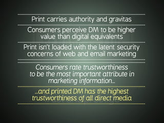 .............................................................................................................
Print carries authority and gravitas
.............................................................................................................
Consumers perceive DM to be higher
value than digital equivalents
.............................................................................................................
Print isn’t loaded with the latent security
concerns of web and email marketing
..........................................................................................................................................................................................................................
Consumers rate trustworthiness
to be the most important attribute in
marketing information…
.............................................................................................................
…and printed DM has the highest
trustworthiness of all direct media
.............................................................................................................
.............................................................................................................
Trustandprestige
 