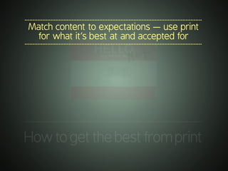 .............................................................................................................
Howtogetthebestfromprint
.............................................................................................................
Match content to expectations — use print
for what it’s best at and accepted for
.............................................................................................................
 