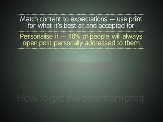 .............................................................................................................
Howtogetthebestfromprint
.............................................................................................................
Match content to expectations — use print
for what it’s best at and accepted for
.............................................................................................................
Personalise it — 48% of people will always
open post personally addressed to them
.............................................................................................................
 