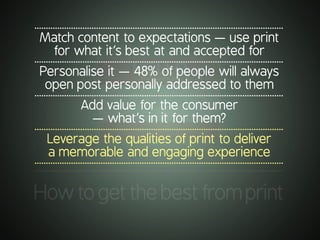 .............................................................................................................
Howtogetthebestfromprint
.............................................................................................................
Match content to expectations — use print
for what it’s best at and accepted for
.............................................................................................................
Personalise it — 48% of people will always
open post personally addressed to them
.............................................................................................................
Add value for the consumer
— what’s in it for them?
.............................................................................................................
Leverage the qualities of print to deliver
a memorable and engaging experience
.............................................................................................................
 