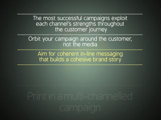 .............................................................................................................
Printinamulti-channelled
campaign
.............................................................................................................
The most successful campaigns exploit
each channel’s strengths throughout
the customer journey
.............................................................................................................
Orbit your campaign around the customer,
not the media
.............................................................................................................
Aim for coherent in-line messaging
that builds a cohesive brand story
.............................................................................................................
 