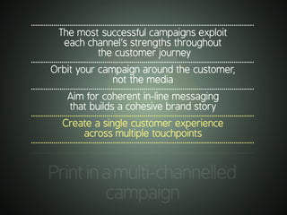 .............................................................................................................
Printinamulti-channelled
campaign
.............................................................................................................
The most successful campaigns exploit
each channel’s strengths throughout
the customer journey
.............................................................................................................
Orbit your campaign around the customer,
not the media
.............................................................................................................
Aim for coherent in-line messaging
that builds a cohesive brand story
.............................................................................................................
Create a single customer experience
across multiple touchpoints
.............................................................................................................
 