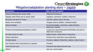 Mitigation/adaptation planting story – inspire
Inspiration Who will this inspire?
Reduce flooding with slower water Adjacent landowners
Regular water flows due to slower water Irrigators, swimmers, boaties, fishermen
Bring the tuis back to Timaru City folk, nature lovers, farmers
Breed more whitebait Tangata whenua (Māori), whitebait eaters
Absorb nitrates Environmentalists, swimmers, water-drinkers,
fishermen, boaties
Produce biomass/firewood/capture carbon Locals who need firewood/mulch/fodder and want to
offset their emissions
Provide homes for bats Nature-lovers, locals (fewer mosquitos)
Attract pollinators Farmers who need their crops pollinated
Create beauty Farmers, walkers, fishermen, boaties, nature lovers
Earn farmers their social licence to operate Farmers
Free fruit and nuts Everyone who likes fruit and nuts
Other? Ask your communities
 
