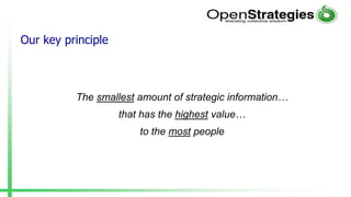 Our key principle
The smallest amount of strategic information…
that has the highest value…
to the most people
 