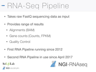 NGI stockholm
RNA-Seq Pipeline
• Takes raw FastQ sequencing data as input

• Provides range of results

• Alignments (BAM)
• Gene counts (Counts, FPKM)
• Quality Control
• First RNA Pipeline running since 2012

• Second RNA Pipeline in use since April 2017
NGI-RNAseq
 