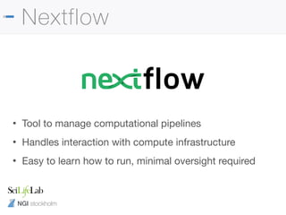 NGI stockholm
Nextflow
• Tool to manage computational pipelines

• Handles interaction with compute infrastructure

• Easy to learn how to run, minimal oversight required
 