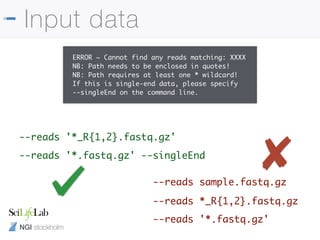 NGI stockholm
Input data
ERROR ~ Cannot find any reads matching: XXXX
NB: Path needs to be enclosed in quotes!
NB: Path requires at least one * wildcard!
If this is single-end data, please specify 
--singleEnd on the command line.
--reads '*_R{1,2}.fastq.gz'
--reads '*.fastq.gz' --singleEnd
--reads *_R{1,2}.fastq.gz
--reads '*.fastq.gz'
--reads sample.fastq.gz
 