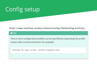 Conﬁg setup
https://www.nextflow.io/docs/latest/config.html#config-profiles
 