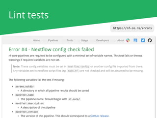 Lint tests
nf-core lint .
https://nf-co.re/errors
 