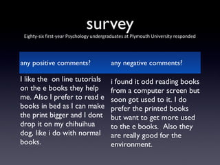 survey

Eighty-six first-year Psychology undergraduates at Plymouth University responded

any positive comments?

any negative comments?

I like the on line tutorials
on the e books they help
me. Also I prefer to read e
books in bed as I can make
the print bigger and I dont
drop it on my chihuihua
dog, like i do with normal
books.

i found it odd reading books
from a computer screen but
soon got used to it. I do
prefer the printed books
but want to get more used
to the e books. Also they
are really good for the
environment.

 