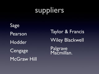 suppliers
Sage
Pearson

Taylor & Francis

Hodder

Wiley Blackwell

Cengage

Palgrave
Macmillan.

McGraw Hill

 