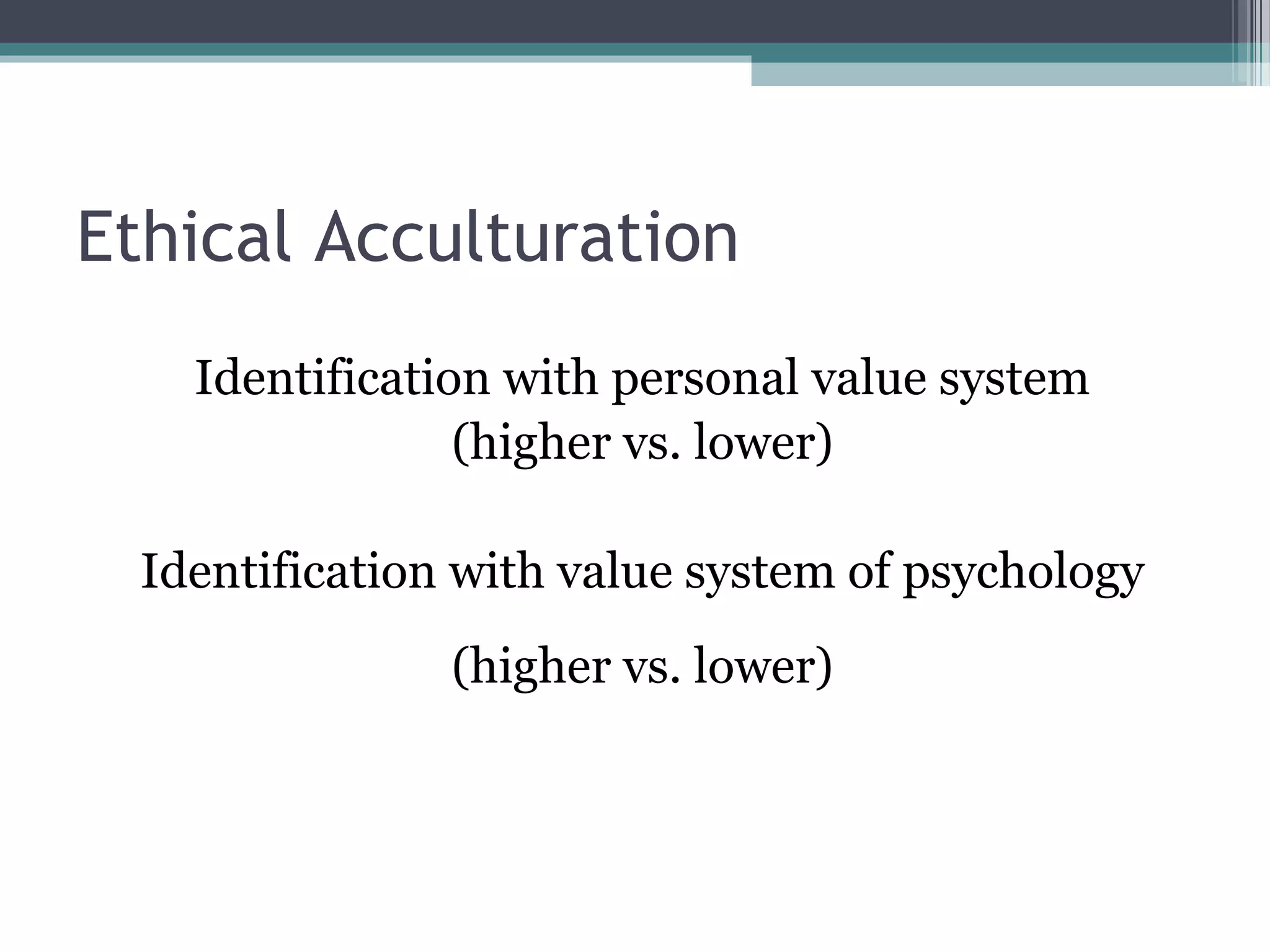 Ethical Acculturation
Identification with personal value system
(higher vs. lower)
Identification with value system of psychology
(higher vs. lower)
 