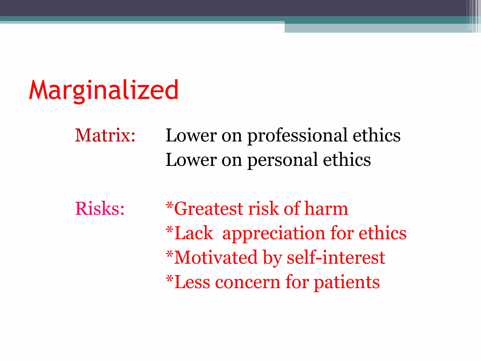 Marginalized
Matrix: Lower on professional ethics
Lower on personal ethics
Risks: *Greatest risk of harm
*Lack appreciation for ethics
*Motivated by self-interest
*Less concern for patients
 