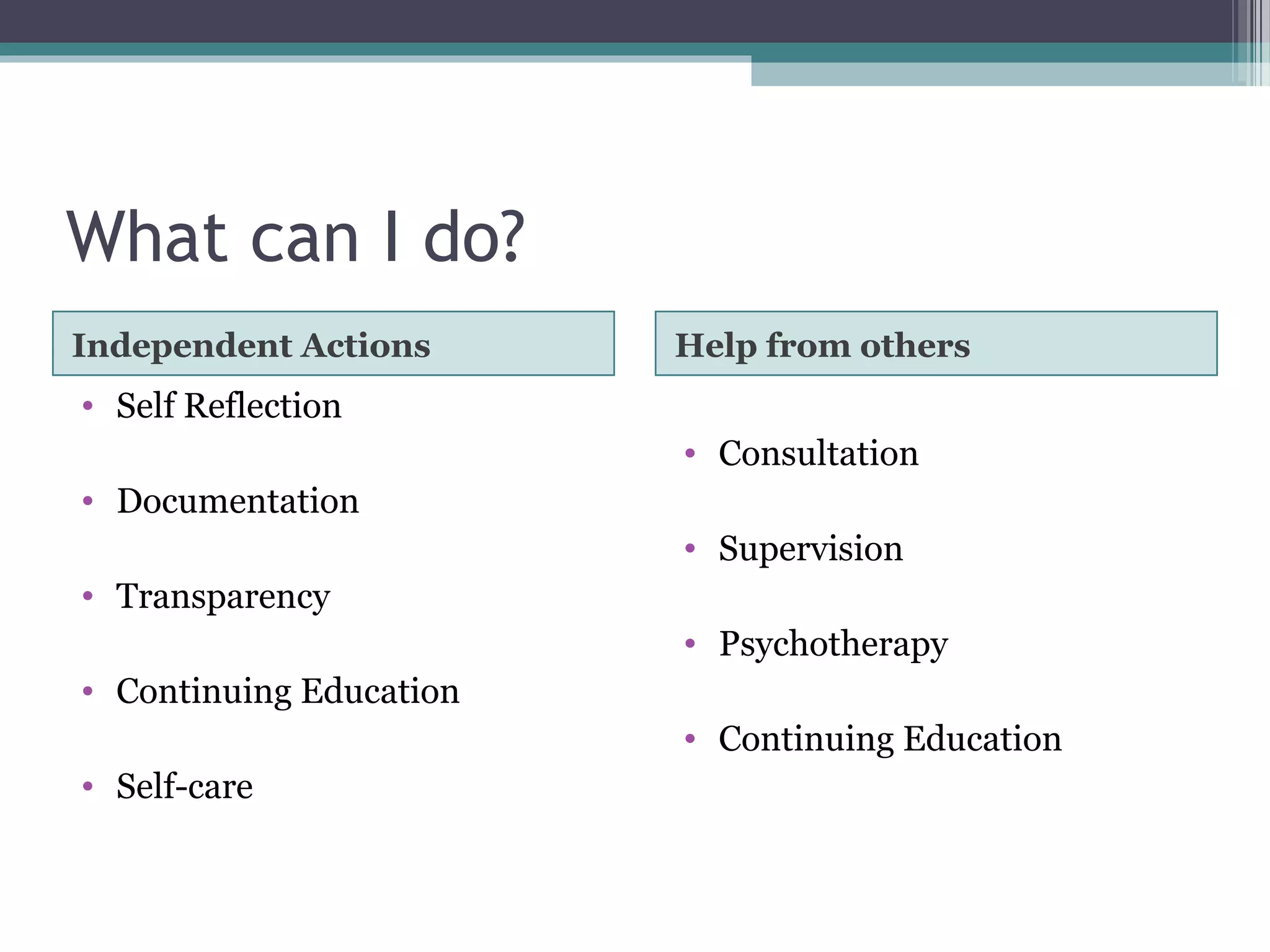 What can I do?
Independent Actions Help from others
• Self Reflection
• Documentation
• Transparency
• Continuing Education
• Self-care
• Consultation
• Supervision
• Psychotherapy
• Continuing Education
 