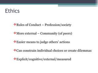 Rules of Conduct – Profession/society
More external – Community (of peers)
Easier means to judge others’ actions
Can constrain individual choices or create dilemmas
Explicit/cognitive/external/measured
Ethics
 