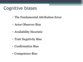 • The Fundamental Attribution Error
• Actor Observer Bias
• Availability Heuristic
• Trait Negativity Bias
• Confirmation Bias
• Competence Bias
Cognitive biases
 