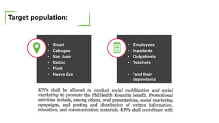 • Sinait
• Cabugao
• San Juan
• Badoc
• Pinili
• Nueva Era
Target population:
• Employees
• Inpatients
• Outpatients
• Teachers
• *and their
dependents
 