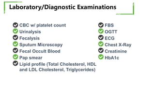 CBC w/ platelet count
Urinalysis
Fecalysis
Sputum Microscopy
Fecal Occult Blood
Pap smear
Lipid profile (Total Cholesterol, HDL
and LDL Cholesterol, Triglycerides)
Laboratory/Diagnostic Examinations
T
I
T
L
E
FBS
OGTT
ECG
Chest X-Ray
Creatinine
HbA1c
 