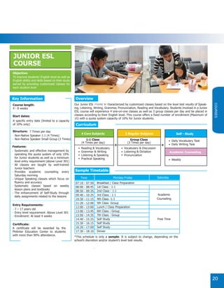 Our Junior ESL course is characterized by customized classes based on the level test results of Speak-
ing, Listening, Writing, Grammar, Pronunciation, Reading and Vocabulary. Students involved in a Junior
ESL course will experience 4 one-on-one classes as well as 3 group classes per day and be placed in
classes according to their English level. This course offers a fixed number of enrollment (Maximum of
15) with a quota system capacity of 10% for Junior students.
*This schedule is only a sample. It is subject to change, depending on the
school’s discretion and/or student’s level test results.
JUNIOR ESL
COURSE
Objective:
To improve students’ English level as well as
English ability and skills based on their study
period by providing customized classes for
each student level
4 Core Subjects
1:1 Class
(4 Times per day)
Reading & Vocabulary
Grammar & Writing
Listening & Speaking
Practical Speaking
•
•
•
•
3 Regular Subjects
Group Class
(3 Times per day)
Vocabulary & Discussion
Listening & Dictation
Pronunciation
•
•
•
+ +
Self - Study
Daily Vocabulary Task
Daily Writing Task
•
•
•
Academic Counseling
Weekly
Systematic and effective management by
operating the quota system of only 10%
for Junior students as well as a minimum
level entry requirement (above Level 301)
All classes are taught by well-trained
Junior teachers
Provides academic counseling every
Saturday morning
Unique Speaking classes which focus on
fluency and accuracy
Systematic classes based on weekly
lesson plans and textbooks
The enhancement of Self-Study through
daily assignments related to the lessons
- 7 – 17 years old
- Entry level requirement: Above Level 301
- Enrollment: At least 4 weeks
A specific entry date (limited to a capacity
of 10% only)
Key Information
4 - 8 weeks
Course length:
Start dates:
Features:
Entry Requirements:
Certificate:
- Non-Native Speaker 1:1 (4 Times)
Structure: 7 Times per day
- Non-Native Speaker Small Group (3 Times)
-
-
-
-
-
-
A certificate will be awarded by the
Philinter Education Center to students
with more than 90% attendance.
Overview
Curriculum
Sample Timetable
Academic
Counseling
Free Time
SaturdayMonday-Friday
07:10 - 07:50
08:00 - 08:45
08:50 - 09:35
09:40 - 10:25
10:30 - 11:15
11:20 - 12:00
12:00 - 13:00
13:00 - 13:45
13:50 - 14:35
14:40 - 15:25
15:30 - 16:15
16:20 - 17:00
17:30 - 18:10
Breakfast / Class Preparation
1st Class - 1:1
2nd Class - 1:1
3rd Class - 1:1
4th Class -1:1
5th Class -Group
Lunch / Class Preparation
6th Class - Group
7th Class - Group
Self Study
Self Study
Self Study
Dinner
Time
20
COURSES
-
-
Objective:
-
-
-
-
-
-
-
-
-
-
-
-
-
 