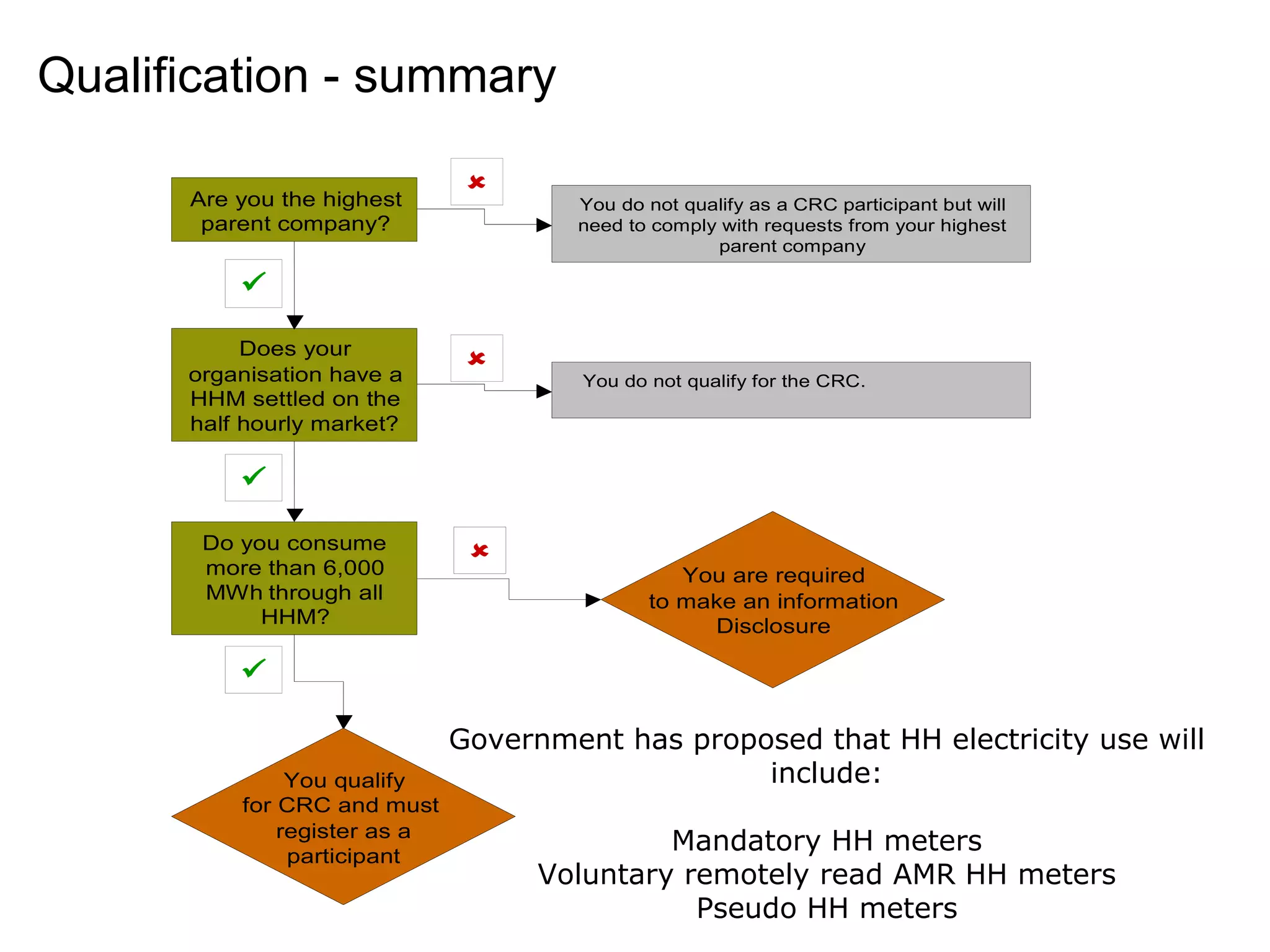 Qualification - summary Government has proposed that HH electricity use will include: Mandatory HH meters Voluntary remotely read AMR HH meters Pseudo HH meters 