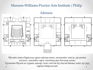 Munson-Williams-Proctor Arts Institute / Philip
Johnson
Музейн шинэ барилгад уран сайхны кино, хөгжмийн зэмсэг, урлагийн
тоглолт, лекцийн зэрэг танхимуудыг багтааж өгсөн.
Урлагийн Музей нь гурван давхар тэгш хэмтэй бүтэцтэй бөгөөд хойд зүг рүү
харсан байрлалтай.
 