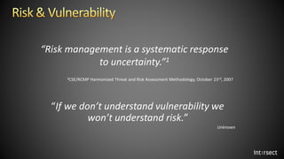 “If we don’t understand vulnerability we
won’t understand risk.”
Unknown
“Risk management is a systematic response
to unce...