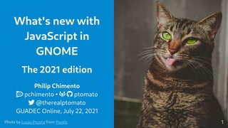 What's new with
JavaScript in
GNOME
The 2021 edition
Philip Chimento

 pchimento •   ptomato

 @therealptomato

GUADEC Online, July 22, 2021
Photo by Lucas Pezeta from Pexels 1
 