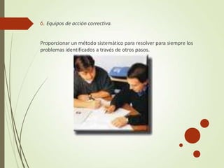 6. Equipos de acción correctiva.
Proporcionar un método sistemático para resolver para siempre los
problemas identificados a través de otros pasos.
 
