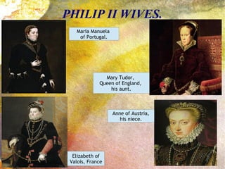PHILIP II WIVES.
María Manuela
of Portugal.
Mary Tudor,
Queen of England,
his aunt.
Elizabeth of
Valois, France
Anne of Austria,
his niece.
 
