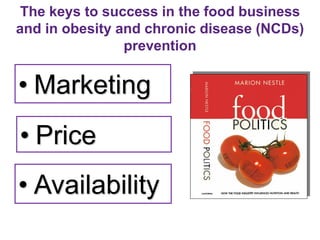The keys to success in the food business
and in obesity and chronic disease (NCDs)
prevention
• Price
• Availability
• Marketing
 