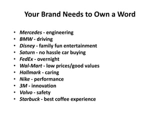Your Brand Needs to Own a Word
• Mercedes - engineering
• BMW - driving
• Disney - family fun entertainment
• Saturn - no hassle car buying
• FedEx - overnight
• Wal-Mart - low prices/good values
• Hallmark - caring
• Nike - performance
• 3M - innovation
• Volvo - safety
• Starbuck - best coffee experience
 