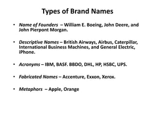 Types of Brand Names
• Name of Founders – William E. Boeing, John Deere, and
John Pierpont Morgan.
• Descriptive Names – British Airways, Airbus, Caterpillar,
International Business Machines, and General Electric,
iPhone.
• Acronyms – IBM, BASF. BBDO, DHL, HP, HSBC, UPS.
• Fabricated Names – Accenture, Exxon, Xerox.
• Metaphors – Apple, Orange
 