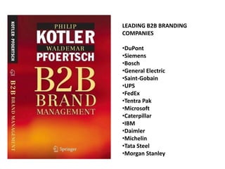 LEADING B2B BRANDING
COMPANIES
•DuPont
•Siemens
•Bosch
•General Electric
•Saint-Gobain
•UPS
•FedEx
•Tentra Pak
•Microsoft
•Caterpillar
•IBM
•Daimler
•Michelin
•Tata Steel
•Morgan Stanley
 