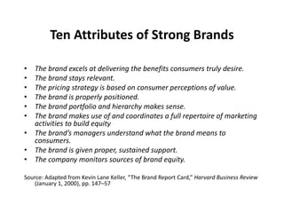 Ten Attributes of Strong Brands
• The brand excels at delivering the benefits consumers truly desire.
• The brand stays relevant.
• The pricing strategy is based on consumer perceptions of value.
• The brand is properly positioned.
• The brand portfolio and hierarchy makes sense.
• The brand makes use of and coordinates a full repertoire of marketing
activities to build equity
• The brand’s managers understand what the brand means to
consumers.
• The brand is given proper, sustained support.
• The company monitors sources of brand equity.
Source: Adapted from Kevin Lane Keller, “The Brand Report Card,” Harvard Business Review
(January 1, 2000), pp. 147–57
 