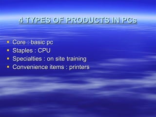 4 TYPES OF PRODUCTS IN PCs Core : basic pc Staples : CPU Specialties : on site training Convenience items : printers 