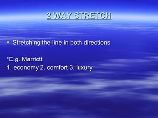 2 WAY STRETCH Stretching the line in both directions *E.g. Marriott 1. economy 2. comfort 3. luxury 