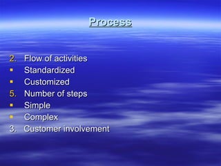 Process Flow of activities Standardized Customized Number of steps Simple Complex 3.  Customer involvement 