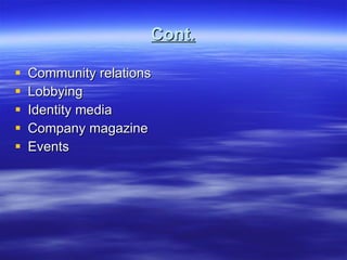 Cont. Community relations Lobbying Identity media Company magazine Events 