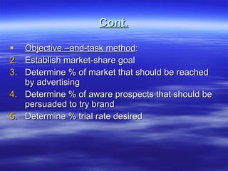 Cont. Objective –and-task method : Establish market-share goal Determine % of market that should be reached by advertising Determine % of aware prospects that should be persuaded to try brand Determine % trial rate desired 