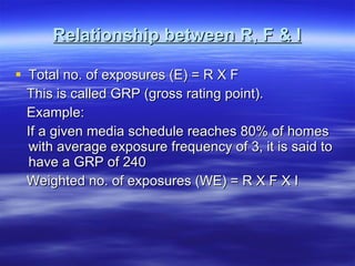 Relationship between R, F & I Total no. of exposures (E) = R X F This is called GRP (gross rating point). Example: If a given media schedule reaches 80% of homes with average exposure frequency of 3, it is said to have a GRP of 240 Weighted no. of exposures (WE) = R X F X I 